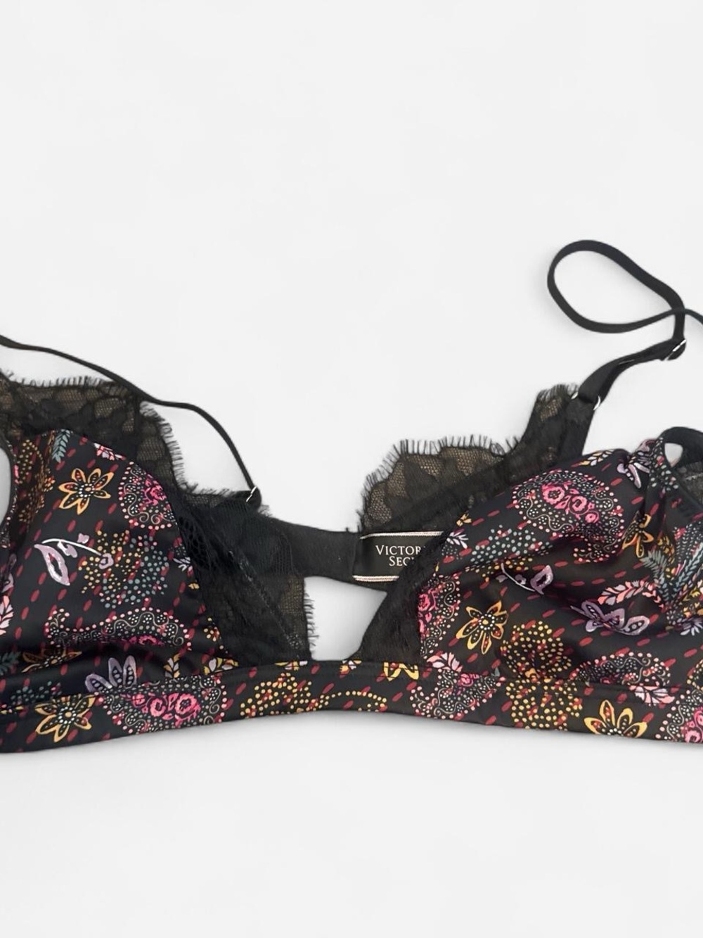 Victoria's Secret Black Floral Lace Bralette with Pink and Gold Print